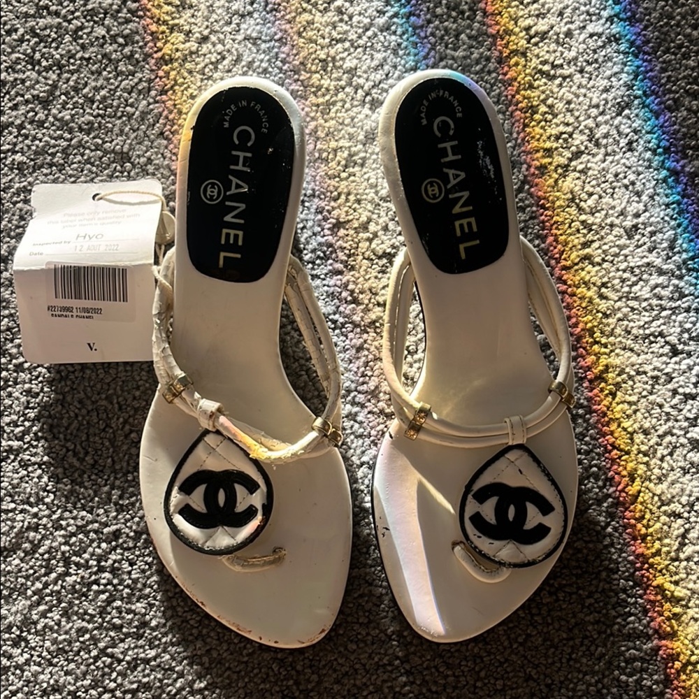 Chanel Black and White Sandals with Iconic Logo